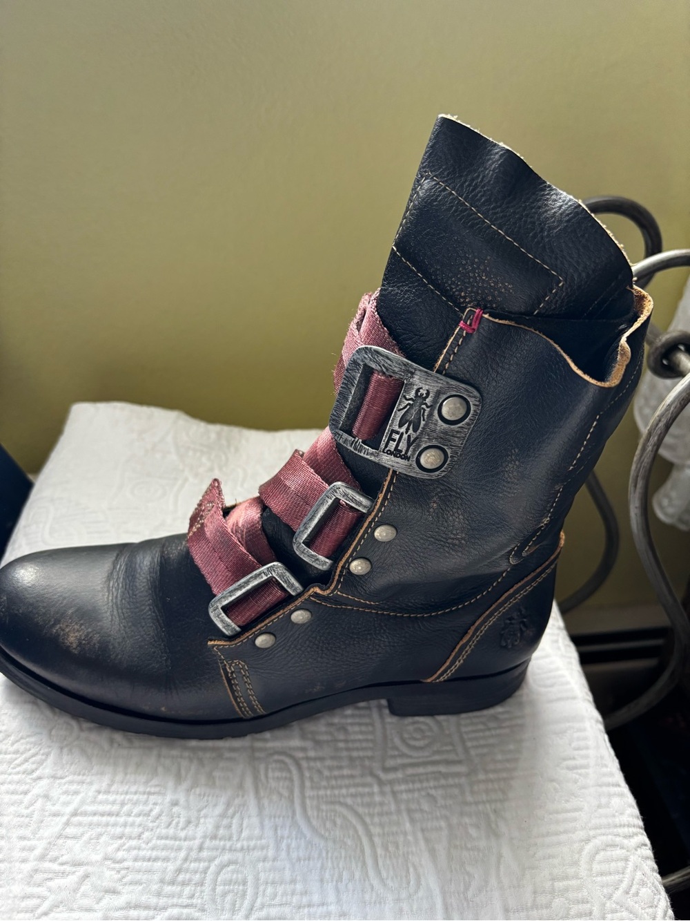 Fly London Black Leather Boot with Burgundy Straps